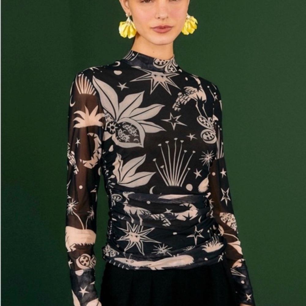 Farm Rio Black/white Cerrado Sky Printed Mesh Blouse